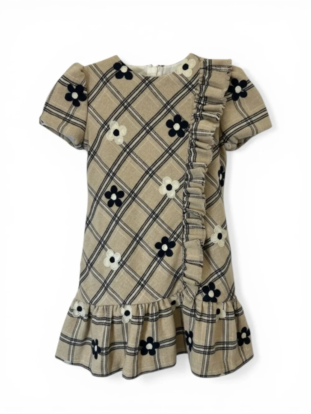 Mayoral Girls Plaid Embroidered Flower Wool Blend Dress Drop Waist Ruffle 7